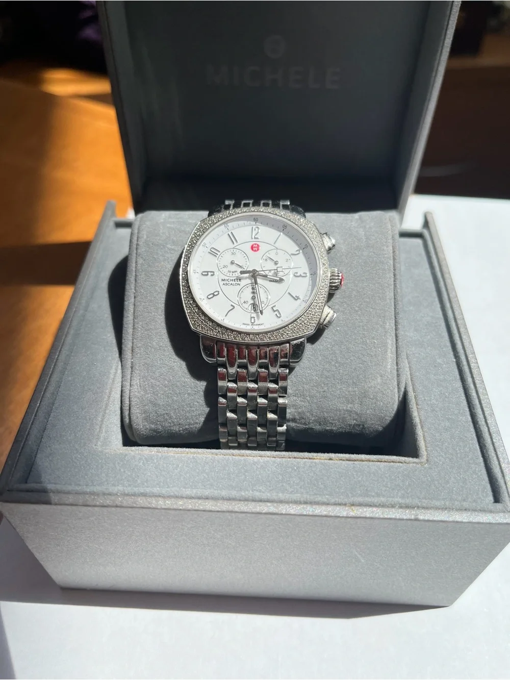 Michele Silver and White Diamond-Accent Chronograph Watch